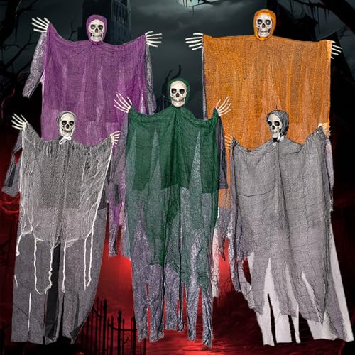 Purpledi Decoración de Terror Halloween, 5PCS Colgantes Fantasmas, Decoración Exterior y Casa
