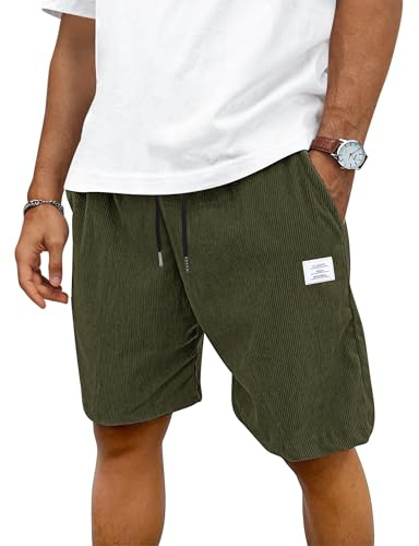 TARAINYA Velours Côtelé Short Homme Coton Stretch Cordon de Serrage été Casual Chino Corduroy Shorts Court Homme avec Poches Vert Armée L