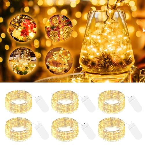 btfarm 6 Pack Led Fairy Lights Battery Operated, 2M 20LED Small String Lights Battery Powered Waterproof, Mini Silver Wire Fairy Lights Indoor Outdoor Decor for Jars Bedroom Party, Warm White