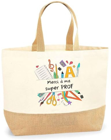 Planetee Sac jute Merci Super Prof | Sac Cabas Rentrée des Classes Cadeau Remerciement fin d'Années Cadeau Collègue Cadeau Professeur Institutrice Prof Noël