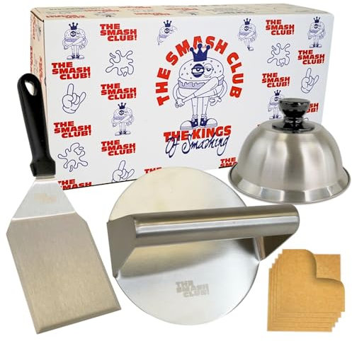 takko livin Smash Burger Kit Profesional de Acero Inoxidable | Smasher Hamburguesa + Prensa Hamburguesa + Aplastador Hamburguesas + Cúpula fundir + Espátula