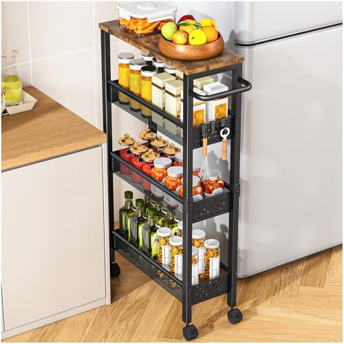 OrderlyGo Narrow 4-Tier Kitchen Trolley with Wheels,Rolling Storage Cart with Wooden Top and Metal Frame,Utility Serving Cart with Handle for Small Spaces–Kitchen,Bathroom,Living Room–Black