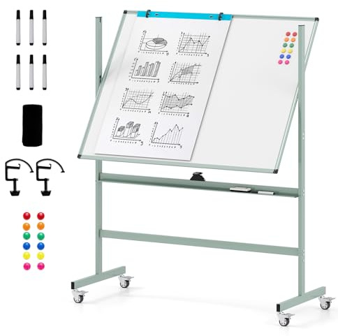 GIANTEX Mobil whiteboard med stativ, 120 x 90 cm, dubbelsidig magnettavla 160/180 cm justerbar i höjd och 360° roterbar, magnetisk med pennställ, för skola, hem och kontor (grön)
