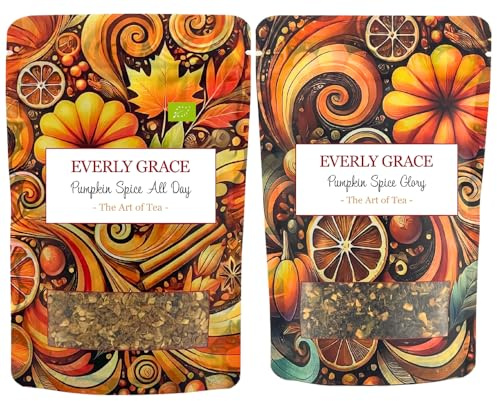 Everly Grace Pumpkin Spice Service à thé - 2 thés bio dans un duo d'automne - Glory (avec thé noir et caféine) & All Day (sans caféine) - Mélanges de thé épicés avec cannelle, muscade, clou de girofle