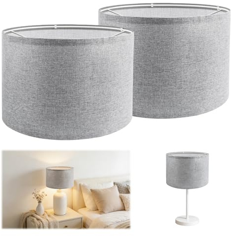 GAESHOW 2 Pcs Pantallas para LáMpara de Mesa E27, Pantallas de Tela de Lino para LáMpara de Pared, LáMpara de Noche, LáMpara de Pie Y LáMpara Colgante, 26 x 26 x 19 cm, Cilindro, Gris