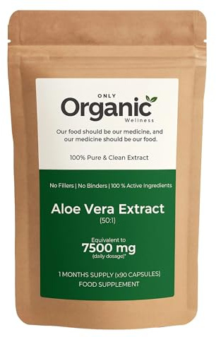 Only Organic Wellness Aloe Vera Extract 7500mg (50:1) - 90 Vegan Capsules (1 Month Supply) - Resealable and Recyclable Pouch.