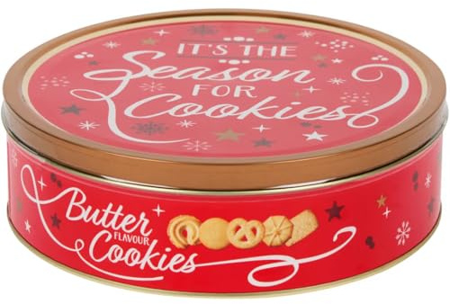 Scatola di Biscotti al Burro Natalizi, Confezione Regalo in Metallo Rosso con Decorazioni Festive, Assortimento di Dolci, 340g