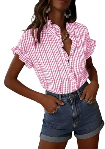 Checked Shirts Womens Gingham Check Short Sleeve Blouses Button Down Shirt Ruffle Trim Stand Collar Blouse Casual Loose Fit Summer Top for Ladies Daily Wear S-XXL