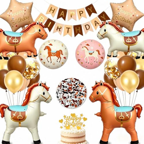 Hästar födelsedagsdekoration, hästballonger dekoration födelsedagsset, hästbanderoller, ballonger, folieballong, cupcake-topp, klistermärken, för barn pojkar flickor födelsedagsfesttillbehör