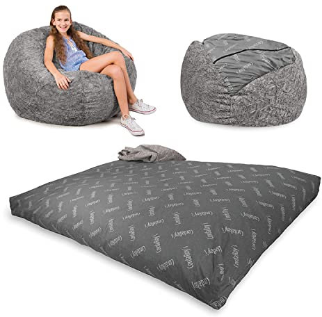 CordaRoy's Faux Fur Bean Bag Chair, Convertible Chair Folds from Bean Bag to Lounger, As Seen on Shark Tank, Grey - Full Size