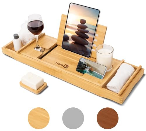 Homiu Bamboo Bath Tray - Extendable Bath Caddy - Natural Wooden Bathtub Tray with Candle, Wine Glass, Book Rest, iPad & Phone Holder Stand - Luxury Bathtub Accessories - Bath Accessories (Natural)