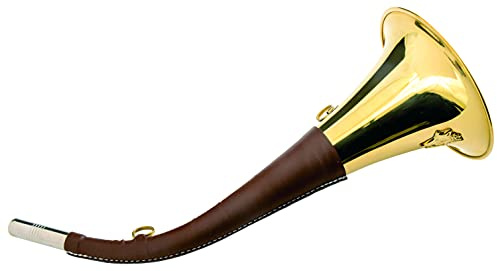 Januel - Pacchetto corno da caccia in battuta - Lunghezza 40 cm e 12 cm - Guaina in pelle sintetica - Anelli di trasporto - Decorazione a cinghiale - Ottone dorato - Con bretella - Pipetta
