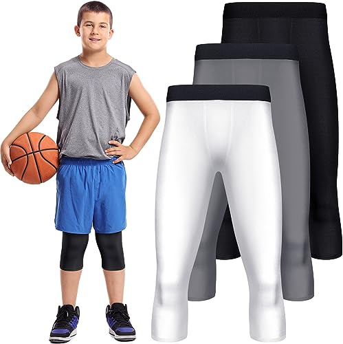 Tisancy 3 Pcs 3/4 Boys Compression Leggings Youth Basketball Quick Dry Base Layer Athletic Tights for Sports Workout Running(Medium)