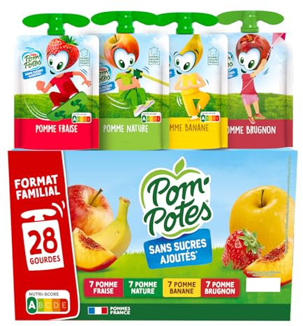 POM'POTES® - Compote Gourde Sans Sucres Ajoutés* - Pomme Nature - Pomme Banane - Pomme Brugnon - Pomme Fraise - Pommes Françaises - Source De Fibres - Nutri-Score A - 3 Ans Et Plus - 28 x 90g