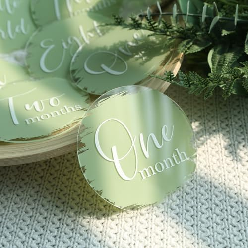 UNIQOOO 13Pcs 4'' Baby Monthly Milestone Cards with Printed Sage Green, Photo Props Discs, Round Baby Months Growth Sign for Boy, Girl, One Month to One Year & Hello World Card, New Baby Gifts
