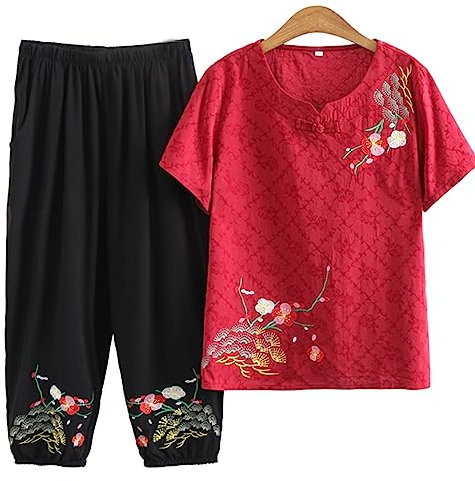 QPZK Frauen Tang Anzug Hanfu Chinesische traditionelle Kleidung, Erwachsene ältere Tai Chi -Uniform für Frauen Kampfkunst Kung Fu Kleidung Kurzärärmische Mantel und Hosen red-5XL