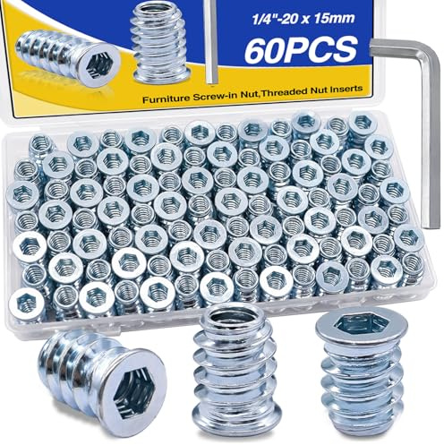 Taiss 60PCS 1/4-20 Threaded Inserts for Wood,Hex Socket Drive Insert Nuts for Wood Furniture Screw Assortment with Hex Wrench (1/4-20 x 15mm) F-107-60PCS