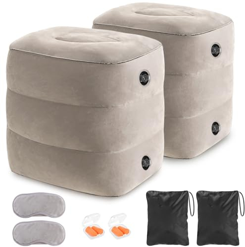YSJILIDE Inflatable Travel Foot Rest Pillow, Airplane foorest Pillow for Kids/Adults, Adjustable 3 Layers Height Leg Rest Pillow, Great for Airplane, Train, car (2 Pack)