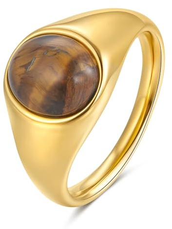 YeGieonr Gold Signet Rings for Women Non Tarnish Gold Rings, Waterproof Gemstones Statement Ring, 18K Gold Plated Stainless Steel Gem Stone Jewelry Gift for Everyday Wear (Tiger Eye, 9)