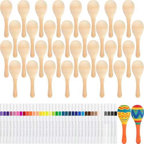 NEBURORA 24Pcs DIY Mini Unfinished Wooden Maracas with 24Pcs Multicolor Pens Fiesta Mexican Maracas Favors Cinco De Mayo Party Supplies Decorations
