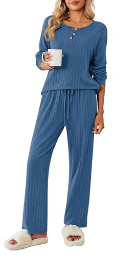 Ekouaer Womens Pajama Set Long Sleeve Top and Pants Winter Pjs Sets Ladies Soft Sleepwear Loungewear, Blue, M