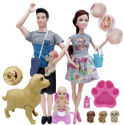 Ssguopte Famiglia della casa delle Bambole, Bambola Incinta con Bambino e papà e Animale Domestico, Giocattoli per Bambini per Bambini imitativi