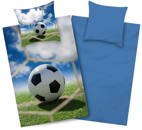 Aminata kids Jungen Bettwäsche 135x200 Fußball - 100% Baumwolle mit Marken Reißverschluss - Bettwäsche-Set mit Fußball-Motiv | Wende-Teenager-Bettwäsche Blau
