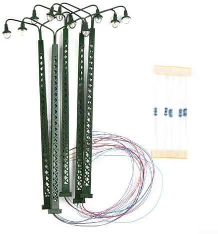 5 Stück Modelleisenbahn LED Lampen mit Gittermast, Maßstab H0, 3V Gleich- oder Wechselstrom, Metallbau, inklusive Serienwiderstände für Anschluss an 12–16V, Zubehör für Anlagenbeleuchtung