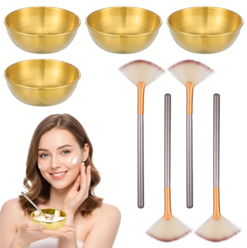 Gold Facial Bowl and Fan Brushes Set, 4 Pcs Facial Mixing Bowl 4 Pcs Face Mask Brush for Esthetician Professional Mask Applicator for Salon SPA Skincare