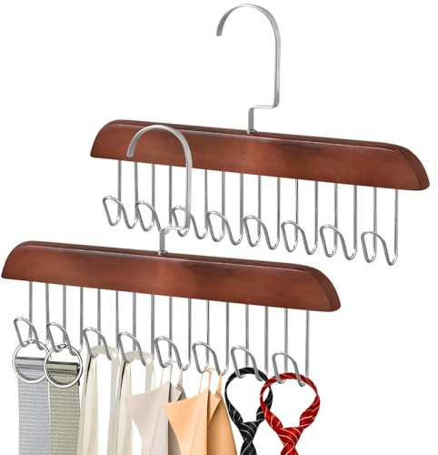 Rurbeder 2 Piezas Percha Organizadora para Cinturones y Corbatas, Colgador Multiusos de Madera, Giratorio 360° con 8 Ganchos, Portacorbatas Antideslizante para, Sostenes, Trajes Baño Accesorios