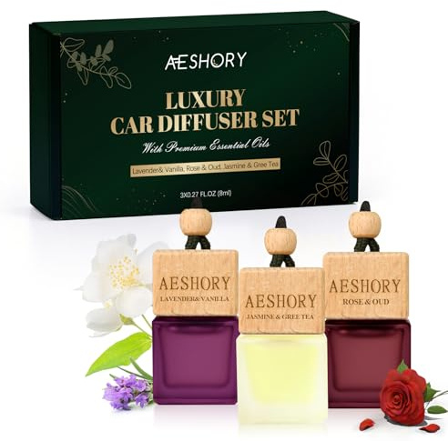 AESHORY Ambientador Coche Flores 3 X 8ml, Aceites Esenciales Naturales Colgante con Absorbe Olores, Regalo para Hombre y Mujer - Lavanda & Vainilla, Jazmín & Té Verde, Rosa & Oud
