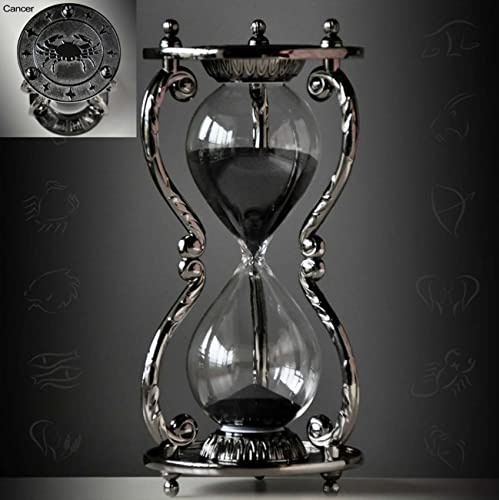 Schwarze antike dekorative Sanduhr – 30 Minuten, einzigartige Vintage-Sanduhr mit 12 Sternbildern, Metall-Kunst-Stundenglas für Büro, Schreibtisch, Heimdekoration, Geburtstagsgeschenk, Krebs