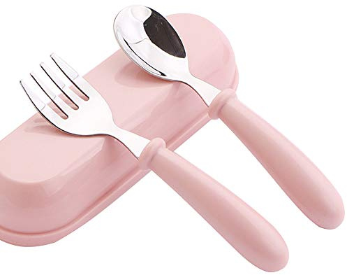 SOOJET Forchette e cucchiai, set di posate per bambini in acciaio inox, set forchetta e cucchiaio coperto apprendimento Bebe (rosa)