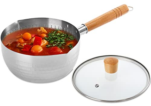DEAYOU Stainless Steel Saucepan with Glass Lid, 2 Quart Yukihira Sauce Pan with Wood Handle, Traditional Japanese Snow Pan Pot with Two Side Spouts for Cooking, Noodles, Soups, Hot Milk, 8