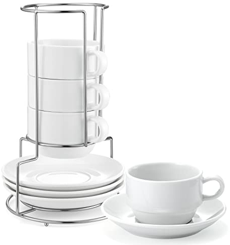 Yedio 8 oz Porcelain Cappuccino Cups with Saucers and Metal Stand, Stackable Coffee Cups for Latte, Americano, Tea – Set of 4, White