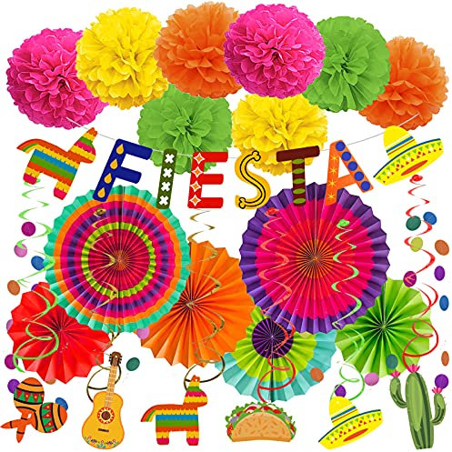 ZERODECO Party Dekorationen, Mehrfarbig Fiesta Banner Papierfächer Pompoms Girlanden String Festival Theme Swirls für Fiesta Mexican Theme Cinco De Mayo Geburtstag Party Supplies