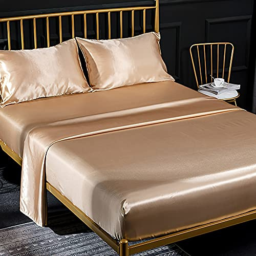 Jemiipee Completo Lenzuolo Letto Matrimoniale, 1 x Lenzuola Sotto con Angoli Tinta Unita 180x200 cm con 1 x Lenzuolo Piatto e 2 x Federe, Biancheria da Letto in Raso, Bronzo