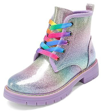 DREAM PAIRS Girls Classic Combat Boots,Rainbow,2 Big Kid