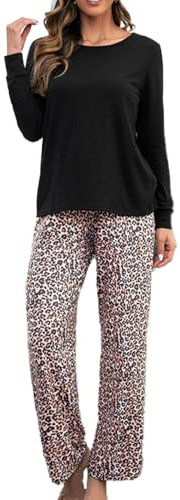 Bunanphy Conjunto de pijama de manga larga para mujer, 2 piezas, camiseta y pantalón largo, ropa de dormir suave, conjunto de pijama para mujer, Parte superior negra y pantalón de leopardo, XL