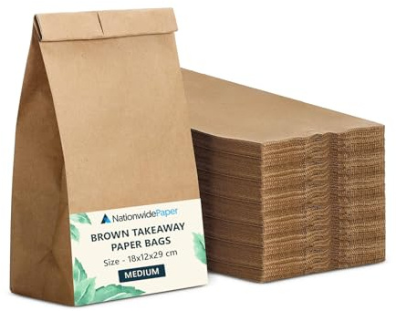 Nationwide Paper Medium 500 Pcs Brown Paper Bags No Handles Strong Takeaway Paper Bags for Grocery, Fruits, Vegetables 18x12x29cm