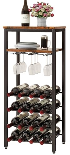 IBUYKE Portabottiglie da Terra per 16 Bottiglie,Cantinetta Vino con Porta Calici,Espositore per Vino,Mini Bar Porta Vino per Cucina, Bar, Sala da Pranzo,Soggiorno,Marrone Rustico TMJ907H