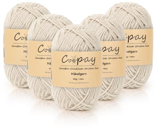 Coopay Lana para ganchillo, 225 g (5 x 45 g), 5 ovillos de lana para tejer, lana de bebé para principiantes, hilo de ganchillo súper suave para proyectos de ganchillo y punto, color caqui blanco