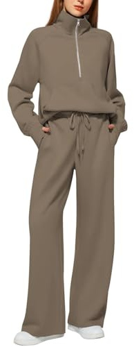 QJIRZB - Tuta da donna in 2 pezzi oversize - Felpa con maniche lunghe e mezza zip & Pantaloni con coulisse a gamba larga - Set di abbigliamento sportivo per palestra, casual e relax, Caff, L