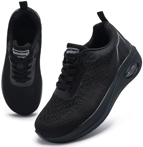 Wide Fit Trainers for Women Arch Support Comfortable Lightweight Wide Toe Box Orthopedic Shoes for Women Memory Foam Breathable Mesh Air Cushion Running Shoes Lace Up Walking Trainers All Black UK 7