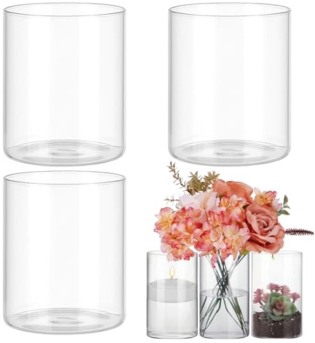 3 Stück Glasvase - 10*15 cm Glaszylinder Kerzengläser Glaszylinder für Kerzen, Durchsichtige Glasvase Zylinder mit Boden Blumenvase aus Borosilikat-Glas für Kerzen, Blumen, Kieselsteine Muscheln Dekor