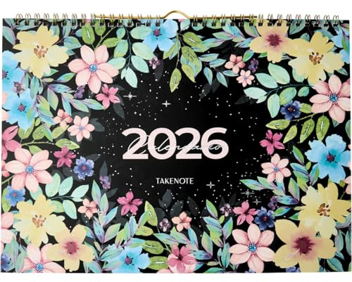 Takenote Calendario Pared 2026 - Tamaño 31,5 x 23 cm, Mes Vista, 12 Meses Enero a Diciembre, Planning Mensual con Espacio para Notas, Cierre Anillas Doble, Español e Inglés - Adele