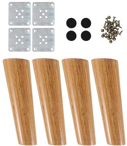 Uonlytech Oblique Tapered Rubberwood Furniture Legs 5x15cm with Lacquer Finish, Sofa and Table Replacement Feet Set with Metal Plates and Screws for Living Room Furniture