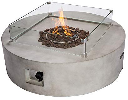 Teamson Home Draussen Garten Sehr Groß, Rund, Propangas-Feuerstelle, Tischbrenner, Rauchfreie Feuerstelle, Metall-Terrassenmöbelheizung mit Lavasteinen und Abdeckung, 107x107x30