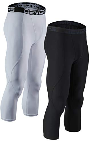 DEVOPS 2 Pack Men's 3/4 Compression Pants Athletic Leggings (Large, Black/White)