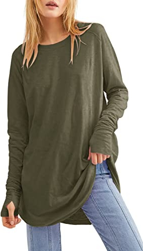 Långärmade damtoppar ledig T-shirt med rund hals lösa tunikatoppar rund fåll pullover sweatshirt blus med tumhål, Armégrönt, M